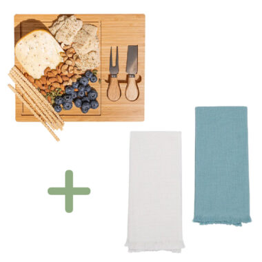 PACK N2 "TE AMO MAMÁ" Tabla para Quesos en Madera Bamboo+Set de Utensilios + Pack Secadores Clasico 100% Algodón